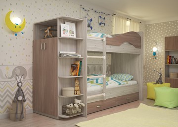 Двухъярусная кровать Мая на щитах со шкафом и ящиками, корпус Шимо светлый, фасад Шимо темный в Красноярске