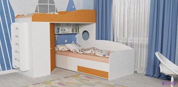 Детская кровать-чердак Кадет-2 с металлической лестницей, корпус Белое дерево, фасад Оранжевый в Норильске