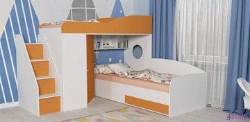 Детская кровать-чердак Кадет-2 с универсальной лестницей, корпус Белое дерево, фасад Оранжевый в Норильске