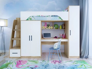 Кровать-чердак детская с шкафом Тея, каркас Ясень, фасад Белый в Красноярске
