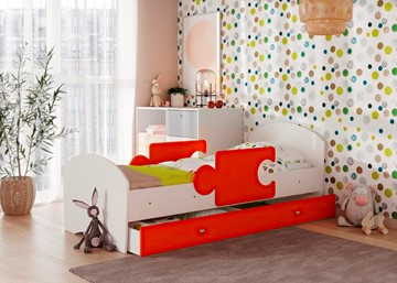 Детская кровать с ящиком и бортиками Мозайка, корпус Белый/фасад Оранжевый (ламели) в Норильске