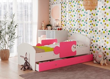 Детская кровать с ящиком и бортиками Мозайка, корпус Белый/фасад Розовый (ламели) в Норильске