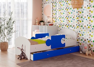 Кровать детская с ящиком и бортиками Мозайка, корпус Белый/фасад Синий (ламели) в Норильске