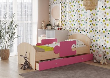 Кровать детская с ящиком и бортиками Мозайка, корпус Млечный дуб/фасад Розовый (ламели) в Норильске