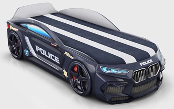 Кровать-машина в детскую Romeo-М Police + подсветка фар, ящик, матрас, Черный в Норильске