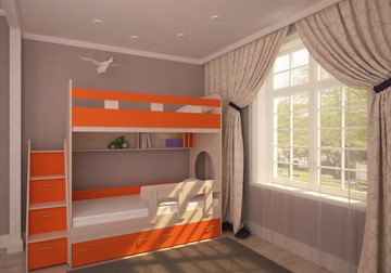 Кровать двухъярусная Ярофф Юниор-1 с бортом, каркас Дуб, фасад Оранжевый в Норильске