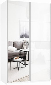 Шкаф 2-х дверный Прайм (Зеркало/Белое стекло) 1600x570x2300, белый снег в Норильске