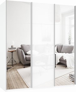 Шкаф-купе трехдверный Прайм (Зеркало/Белое стекло/Зеркало) 1800x570x2300, белый снег в Норильске