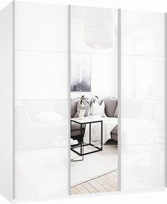 Шкаф-купе трехстворчатый Прайм (Белое стекло/Зеркало/Белое стекло) 2100x570x2300, белый снег в Норильске