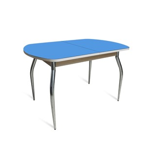 Кухонный обеденный стол ПГ-04 СТ2, дуб молочный/синие стекло/35 хром гнутые металл в Красноярске