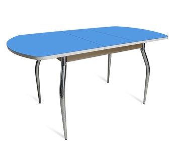Кухонный стол раздвижной ПГ-02 СТ2, дуб молочный/синие стекло/35 хром гнутые металл в Норильске