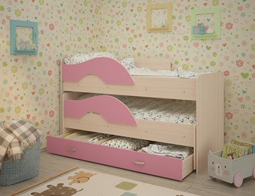 Двухъярусная детская кровать Радуга 1.6 с ящиком, корпус Млечный дуб, фасад Розовый в Норильске