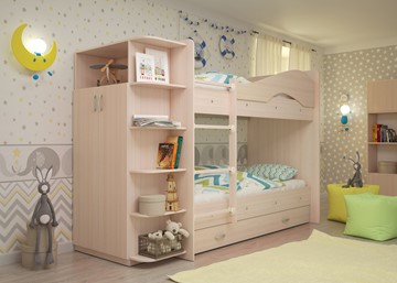 Детская 2-этажная кровать Мая на щитах со шкафом и ящиками, цвет Млечный дуб в Красноярске - предосмотр