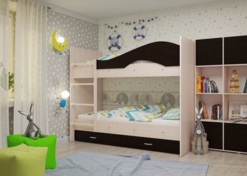 Детская  двухъярусная кровать Мая с 2 ящиками на щитах, корпус Млечный дуб, фасад Венге в Норильске - предосмотр 1