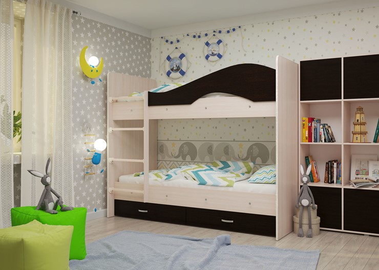 Детская  двухъярусная кровать Мая с 2 ящиками на щитах, корпус Млечный дуб, фасад Венге в Норильске - изображение 1