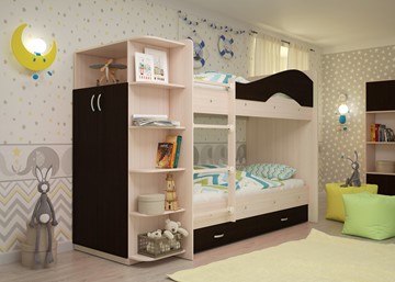 Детская  двухъярусная кровать Мая с 2 ящиками на щитах, корпус Млечный дуб, фасад Венге в Норильске - предосмотр 2