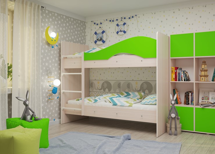 Детская 2-х ярусная кровать Мая на щитах со шкафом и ящиками, корпус Млечный дуб, фасад Салатовый в Красноярске - изображение 2