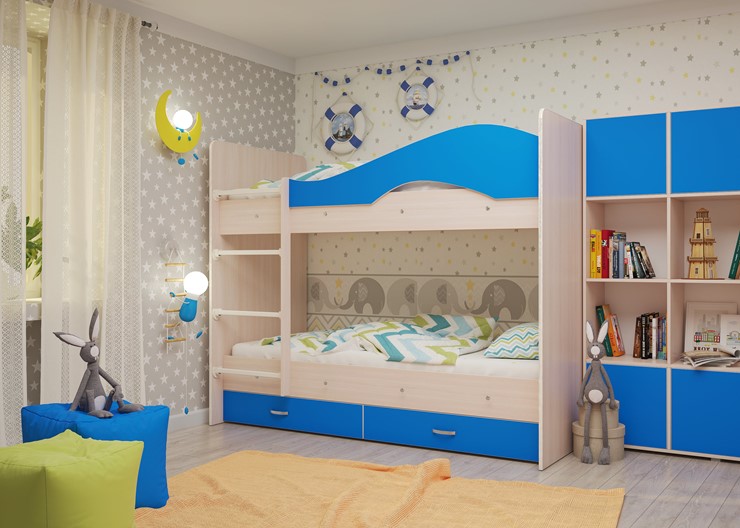 Детская двухэтажная кровать Мая на щитах со шкафом и ящиками, корпус Млечный дуб, фасад Синий в Красноярске - изображение 2