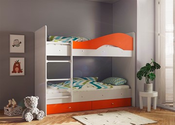 Двухэтажная кровать Мая с 2 ящиками на щитах, корпус Млечный дуб, фасад Оранжевый в Красноярске - предосмотр
