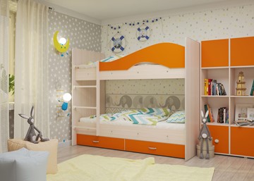 Двухэтажная кровать Мая с 2 ящиками на щитах, корпус Млечный дуб, фасад Оранжевый в Норильске - предосмотр 3