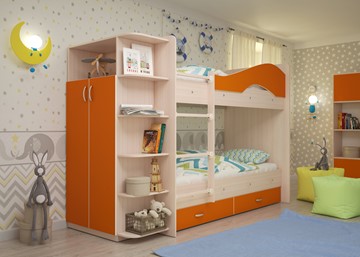Двухэтажная кровать Мая с 2 ящиками на щитах, корпус Млечный дуб, фасад Оранжевый в Норильске - предосмотр 1