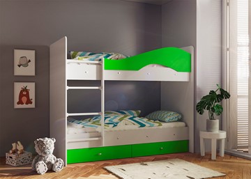 Детская 2-этажная кровать Мая с 2 ящиками на щитах, корпус Млечный дуб, фасад Салатовый в Норильске