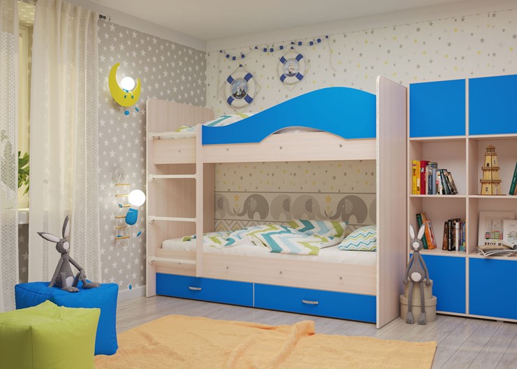 Детская двухъярусная кровать Мая с 2 ящиками на щитах, корпус Млечный дуб, фасад Синий в Красноярске - изображение 3