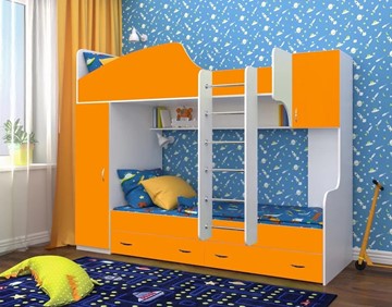 Детская 2-этажная кровать Юниор-2, каркас Белое дерево, фасад Оранжевый в Красноярске