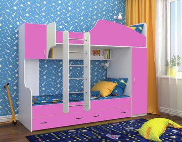 Детская двухэтажная кровать Юниор-2, каркас Белое дерево, фасад Розовый в Норильске