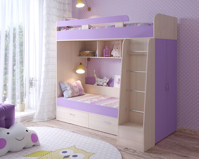 Двухэтажная детская кровать Юниор-6, каркас Дуб молочный, фасад Ирис в Норильске - изображение 1