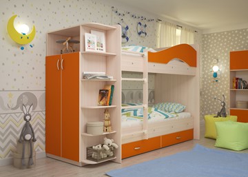 Детская 2-ярусная кровать Мая на щитах со шкафом и ящиками, корпус Млечный дуб, фасад Оранжевый в Красноярске - предосмотр