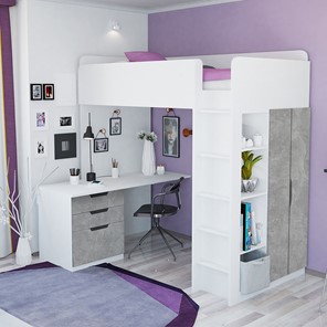 Кровать детская с письменным столом и шкафом POLINI Kids Simple Белый / Бетон в Норильске - предосмотр 1