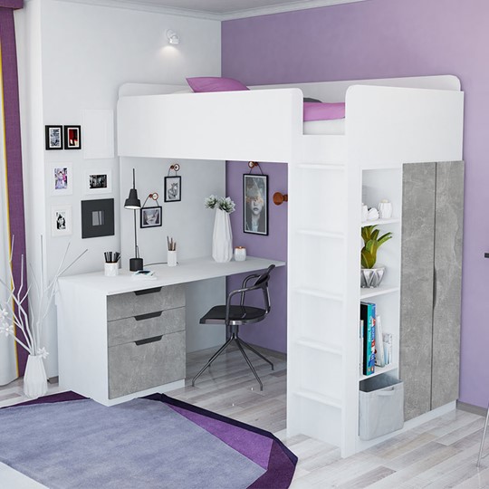 Кровать детская с письменным столом и шкафом POLINI Kids Simple Белый / Бетон в Норильске - изображение 1
