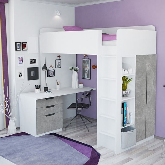 Кровать детская с письменным столом и шкафом POLINI Kids Simple Белый ...