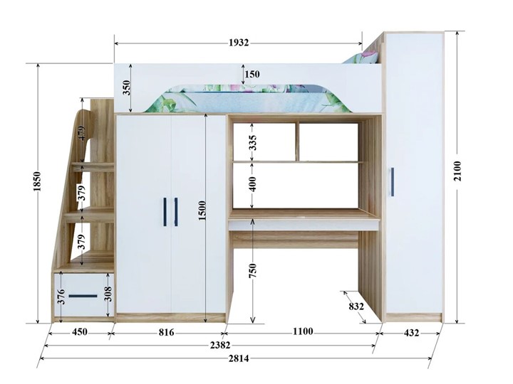 Кровать-чердак в детскую с шкафом Тея, каркас Винтерберг, фасад Амарант в Норильске - изображение 1