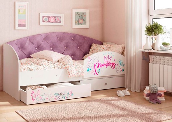 Детская кровать с ящиками Эльза с бортиком, Фиолетовый (латы) в Красноярске - изображение
