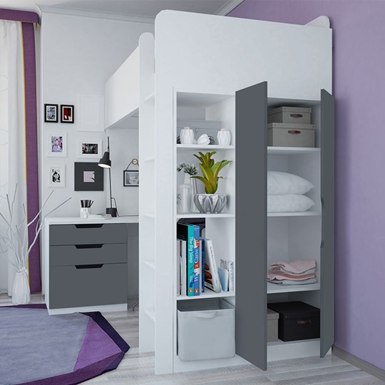 Кровать 2-х ярусная с письменным столом и шкафом POLINI Kids Simple Белый / Серый в Норильске - изображение 1