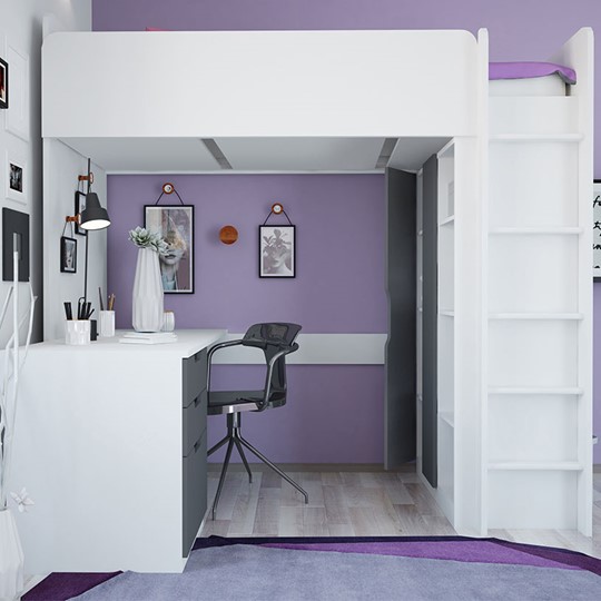 Кровать 2-х ярусная с письменным столом и шкафом POLINI Kids Simple Белый / Серый в Норильске - изображение 2