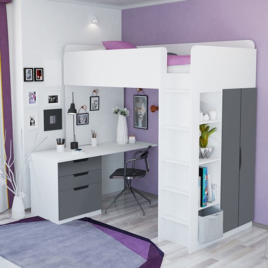 Кровать 2-х ярусная с письменным столом и шкафом POLINI Kids Simple Белый / Серый в Норильске - изображение 3