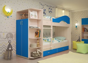 Детская двухэтажная кровать Мая на щитах со шкафом и ящиками, корпус Млечный дуб, фасад Синий в Красноярске - предосмотр