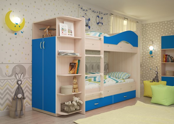 Детская двухэтажная кровать Мая на щитах со шкафом и ящиками, корпус Млечный дуб, фасад Синий в Красноярске - изображение