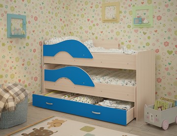 Детская двухэтажная кровать Радуга 1.6 с ящиком, корпус Млечный дуб, фасад Синий в Красноярске