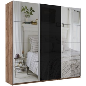 Шкаф 3-дверный Широкий Прайм (2 Зеркала / Стекло черное) 2400x570x2300, Крафт Табачный в Норильске