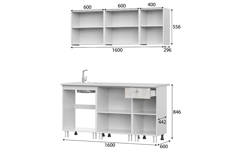Готовый кухонный гарнитур КГ-1 1600, белый/белый/цемент светлый/антарес в Норильске - изображение 2