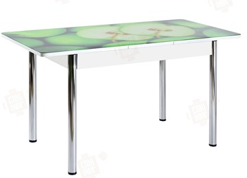 Кухонный стол раскладной Айсберг-02 СТФ, белое лдсп/зеленые яблоки/ноги хром прямые в Красноярске