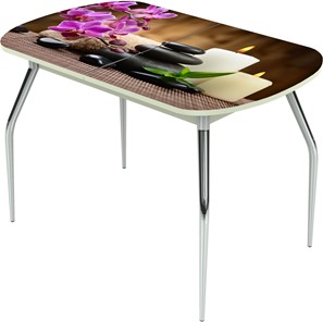 Кухонный раскладной стол Ривьера исп.2 ноги метал. крашеные №24 Фотопечать (Цветы №18) в Норильске