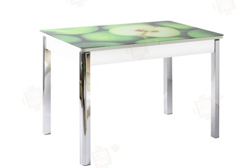 Обеденный раздвижной стол Айсберг-01 СТФ, белый/фотопечать зеленые яблоки/ноги хром квадратные в Норильске