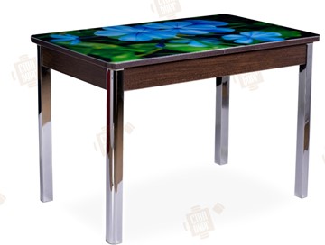 Кухонный стол раздвижной Айсберг-01 СТФ, венге/фотопечать фиалка/ноги хром квадратные в Норильске