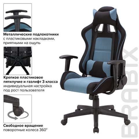 Компьютерное кресло Brabix GT Racer GM-100 (две подушки, ткань, черное/голубое) 531818 в Красноярске - изображение 9